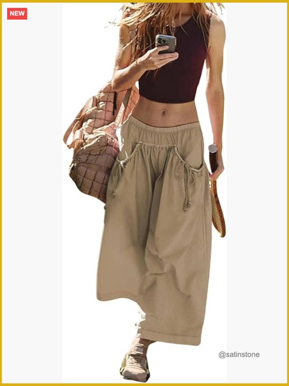 Wide Leg Track Pants with Ruched Pockets Nylon Stretchable - Picture 1 of 6